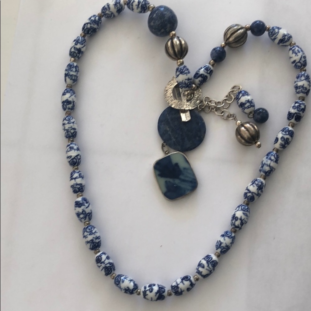 Vintage Chinese Porcelain Bead Necklace 925 Silver
